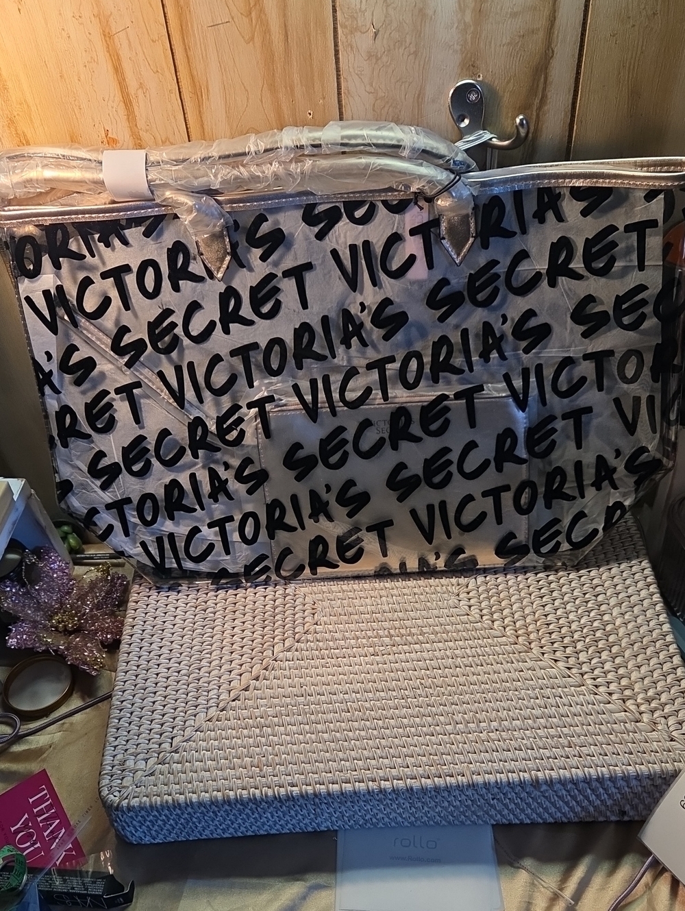 Huge 47x30 Victoria's Secret Silver and Black Logo Repeat Tote With Make Up Bag